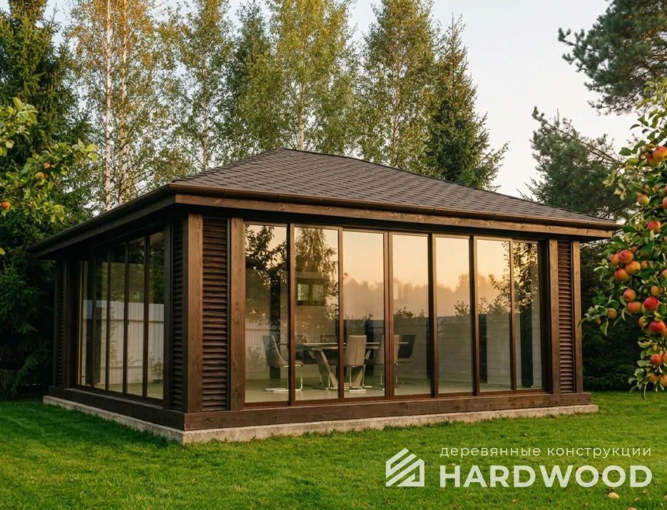 Большая деревянная беседка остеклённая №98 - фото 2278